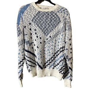 Vintage Club International White Blue Geometric Knit Crew Neck Sweater Sz L